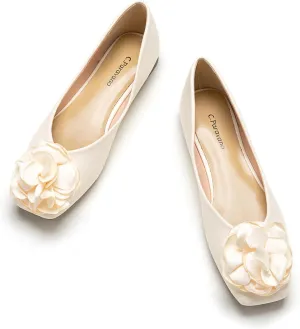 C.Paravano Ballet Flats for Women | White Square Toe Slip On Dress Shoes | Women's Leather Flower Flats (Size 6.5, White)