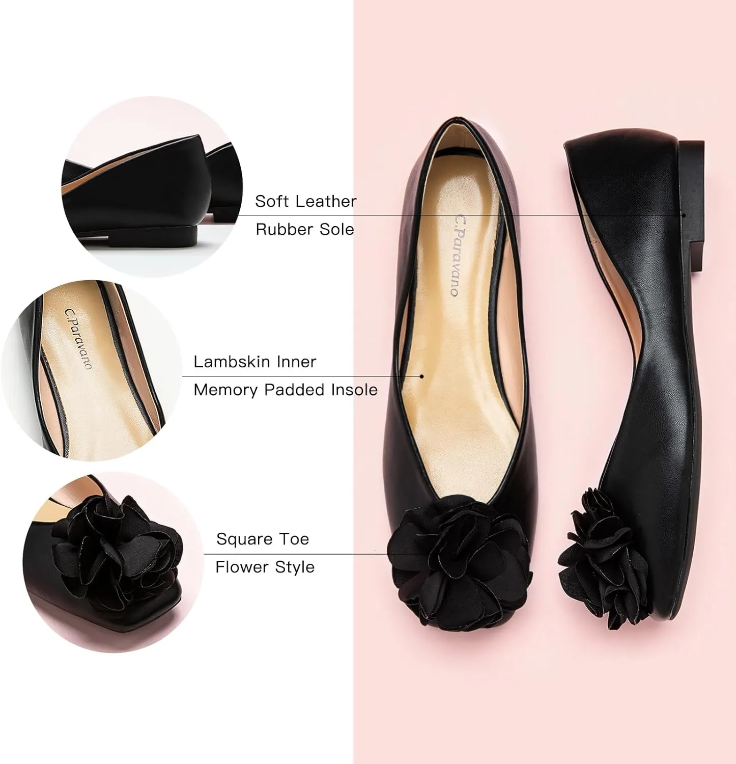 C.Paravano Ballet Flats for Women | Womens Flats Shoes | Square Toe Flats| Women's Flats | Slip On Dress Shoes | Flower Shoes