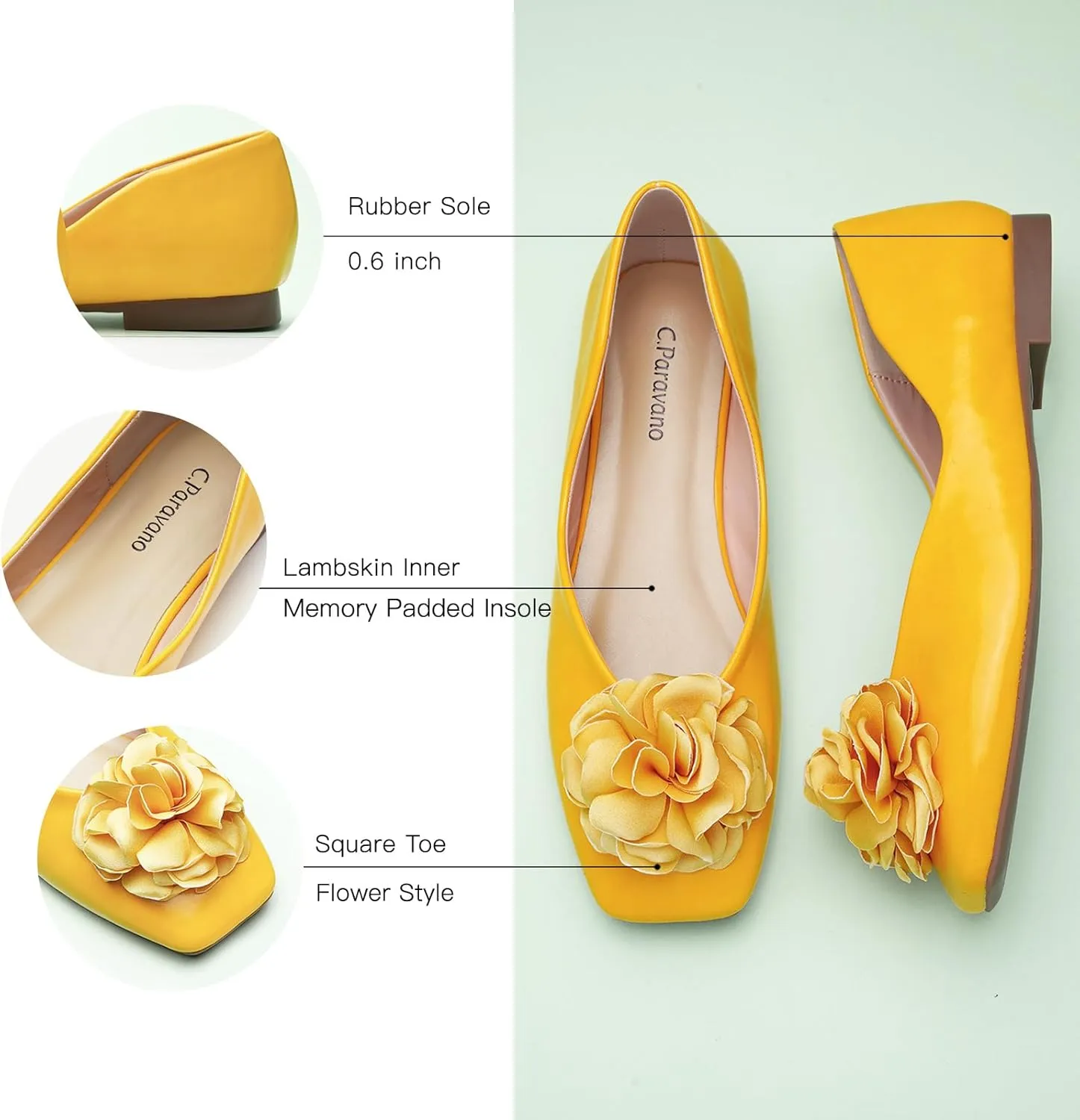 C.Paravano Ballet Flats for Women | Womens Flats Shoes | Square Toe Flats| Women's Flats | Slip On Dress Shoes | Flower Shoes