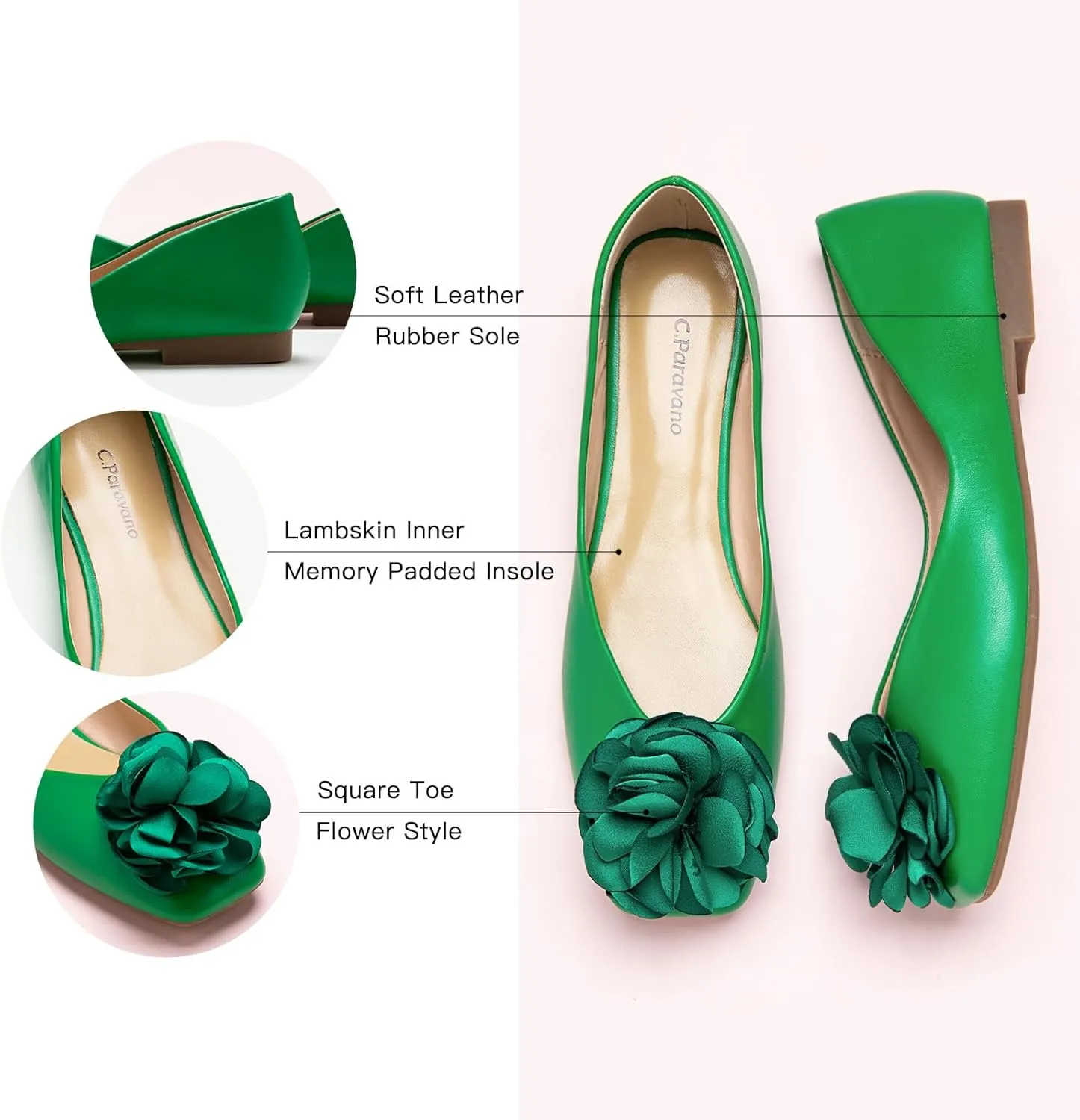 C.Paravano Ballet Flats for Women | Womens Flats Shoes | Square Toe Flats| Women's Flats | Slip On Dress Shoes | Flower Shoes