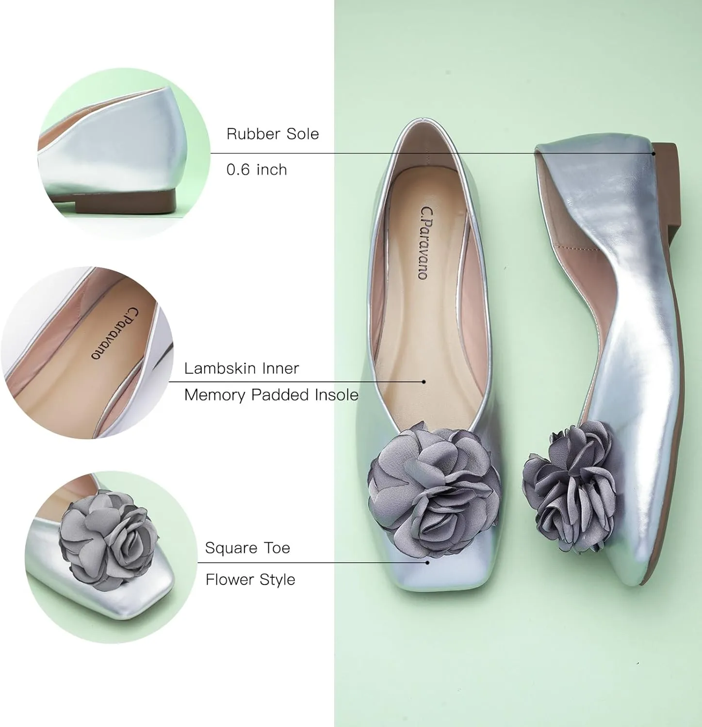 C.Paravano Ballet Flats for Women | Womens Flats Shoes | Square Toe Flats| Women's Flats | Slip On Dress Shoes | Flower Shoes