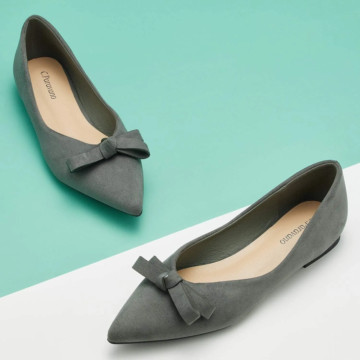 C.Paravano Women's Suede Bow Knot Ballet Flats Pointed Toe Slip-On Comfort Shoes for Casual & Formal Wear