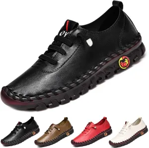CrazySavage Women's Leather Soft Beef Tendon Flat Bottom Loafers Slip-on Handmade Round Toe Non-Slip Breathable Mom Leisure Walk Shoes