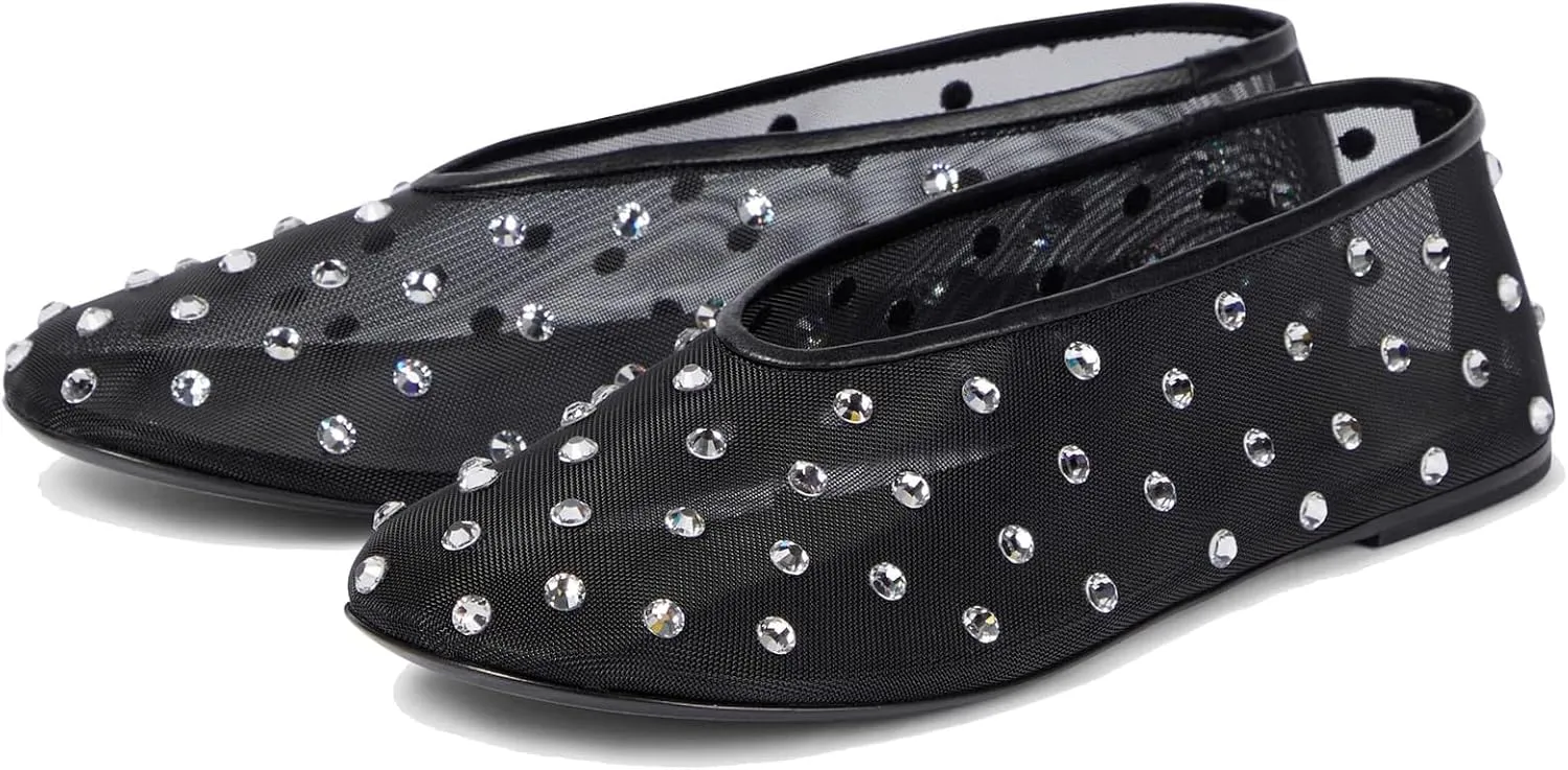 Crystal-Embellished Mesh Flats Women's Rhinestone Ballet Flat Slip On Ballerina Shoes Comfortable Casual Gauze Shoe