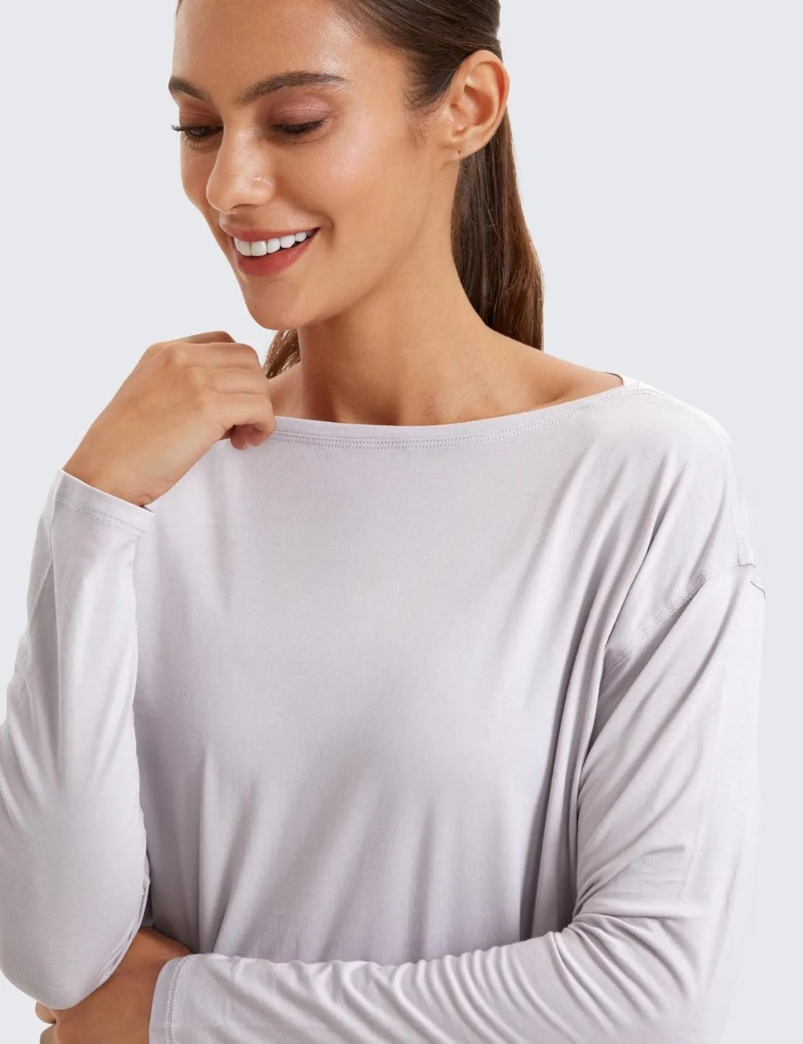 CRZ YOGA Pima Cotton Long Sleeve Workout Shirts for Women Loose Fit Athletic Yoga T-Shirts Casual Boat Neck Fall Tops