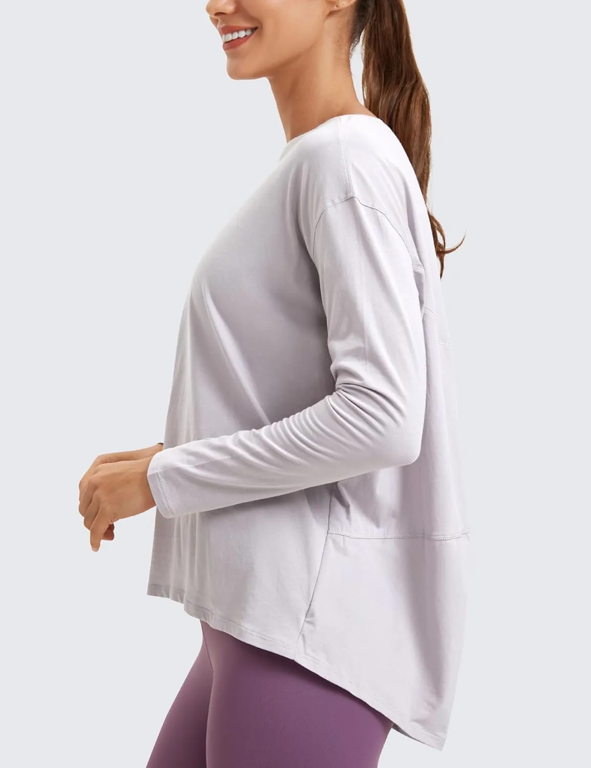 CRZ YOGA Pima Cotton Long Sleeve Workout Shirts for Women Loose Fit Athletic Yoga T-Shirts Casual Boat Neck Fall Tops