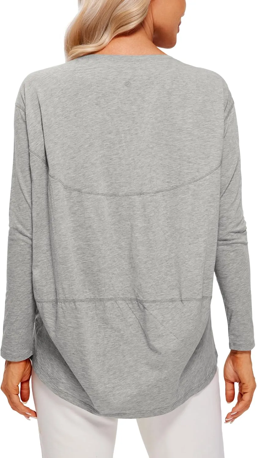 CRZ YOGA Pima Cotton Long Sleeve Workout Shirts for Women Loose Fit Athletic Yoga T-Shirts Casual Boat Neck Fall Tops