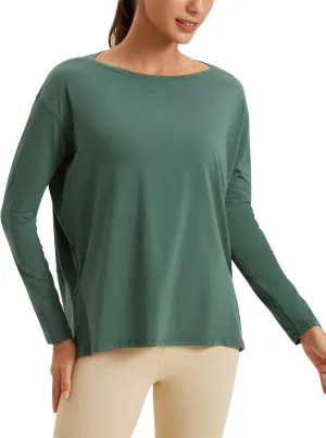 CRZ YOGA Pima Cotton Long Sleeve Workout Shirts for Women Loose Fit Athletic Yoga T-Shirts Casual Boat Neck Fall Tops