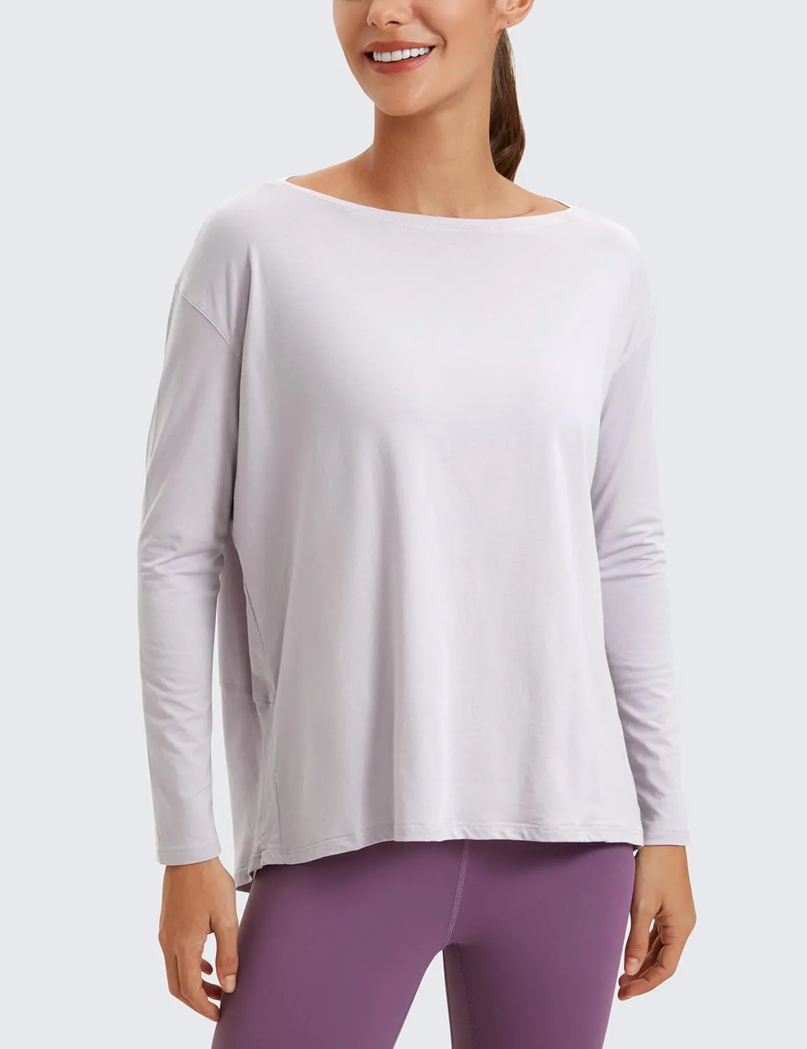 CRZ YOGA Pima Cotton Long Sleeve Workout Shirts for Women Loose Fit Athletic Yoga T-Shirts Casual Boat Neck Fall Tops