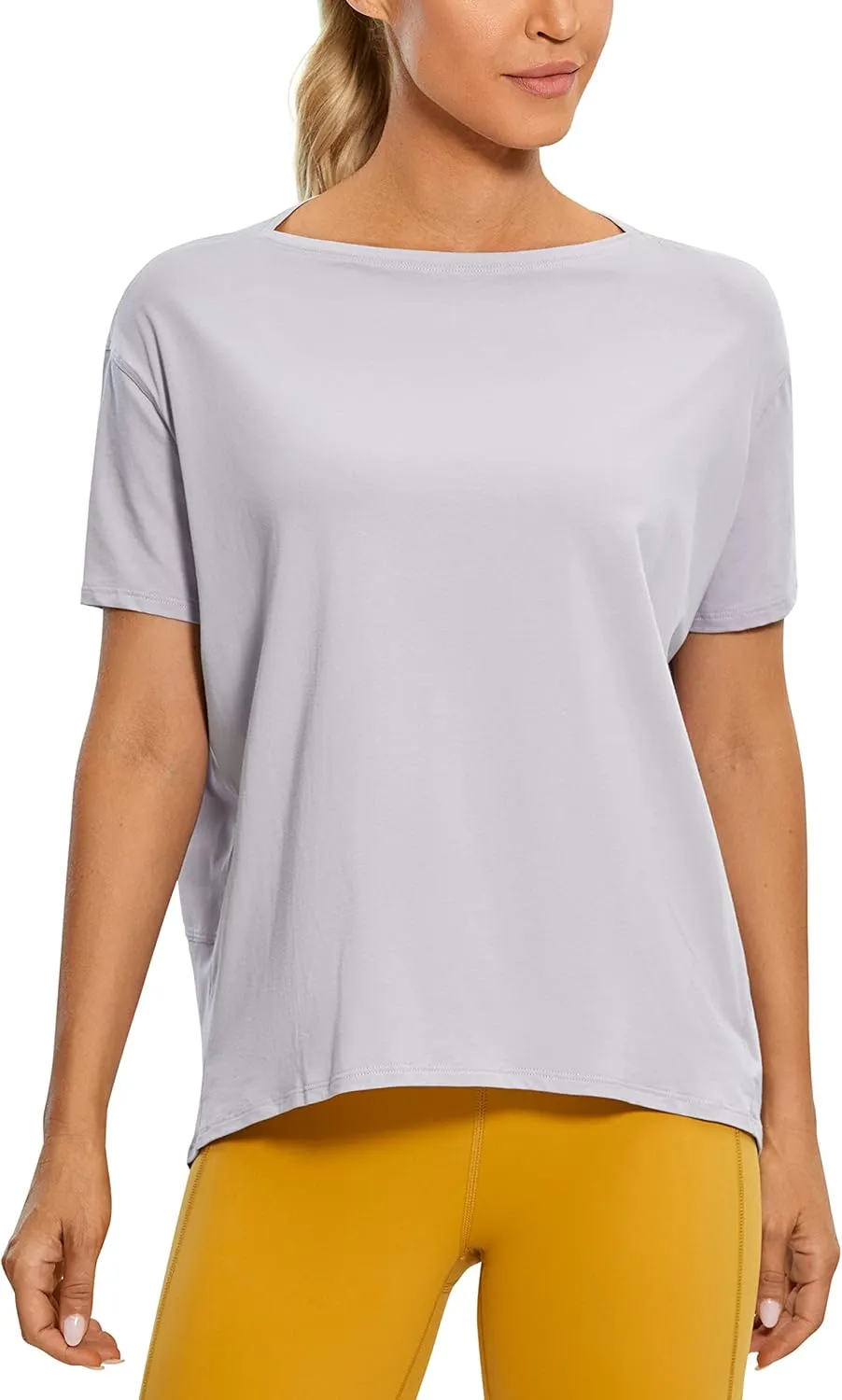 CRZ YOGA Women's Pima Cotton Short Sleeve Shirts Boat Neck Loose Fit Gym Workout T-Shirt Athletic Casual Tops