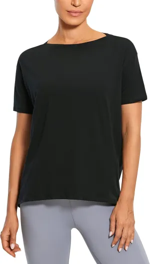 CRZ YOGA Women's Pima Cotton Short Sleeve Shirts Boat Neck Loose Fit Gym Workout T-Shirt Athletic Casual Tops