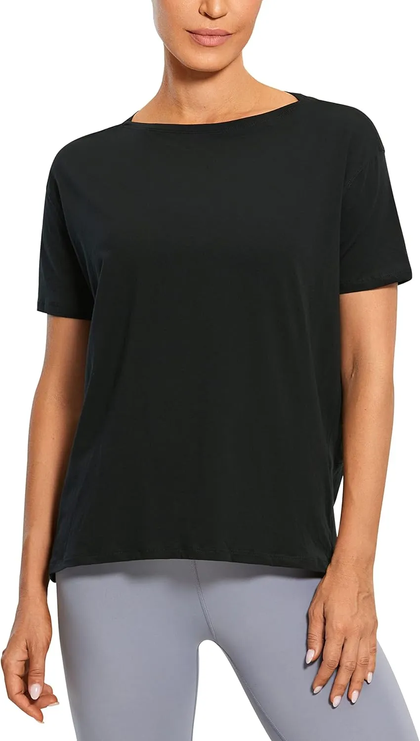 CRZ YOGA Women's Pima Cotton Short Sleeve Shirts Boat Neck Loose Fit Gym Workout T-Shirt Athletic Casual Tops