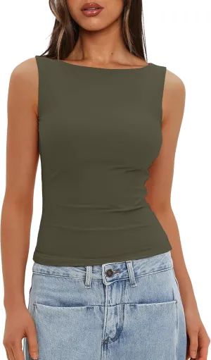 Darong Women's Double Lined Tank Tops Boat Neck Sleeveless Fitted Basic Going Out Casual Cropped Tank Shirts