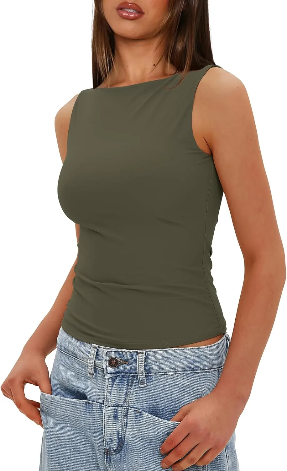 Darong Women's Double Lined Tank Tops Boat Neck Sleeveless Fitted Basic Going Out Casual Cropped Tank Shirts