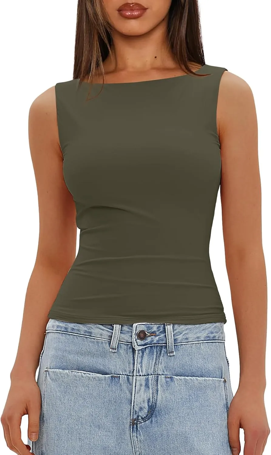 Darong Women's Double Lined Tank Tops Boat Neck Sleeveless Fitted Basic Going Out Casual Cropped Tank Shirts