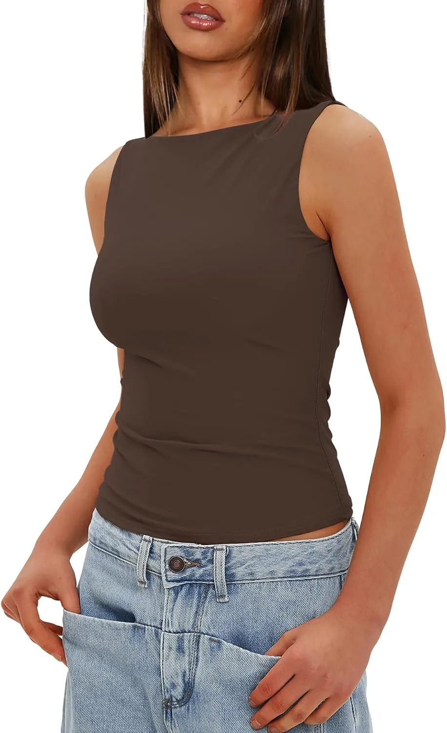 Darong Women's Double Lined Tank Tops Boat Neck Sleeveless Fitted Basic Going Out Casual Cropped Tank Shirts