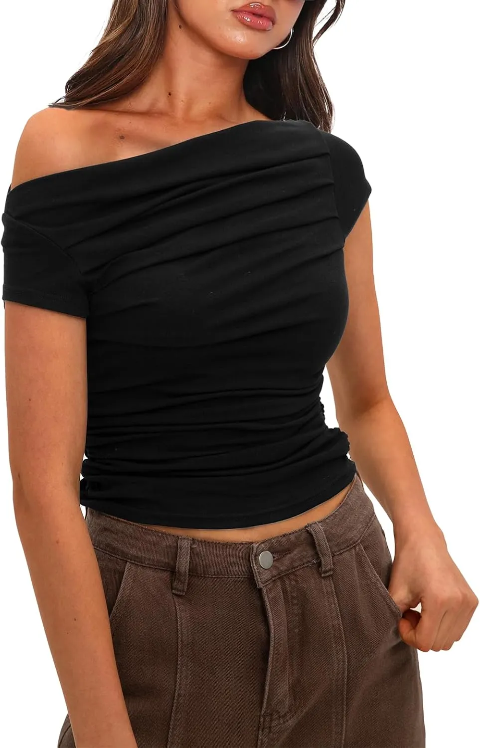 Darong Women's Summer Cap Sleeve Boat Neck Off Shoulder Top Going Out Slim Fit Tops Y2K Tight Shirts