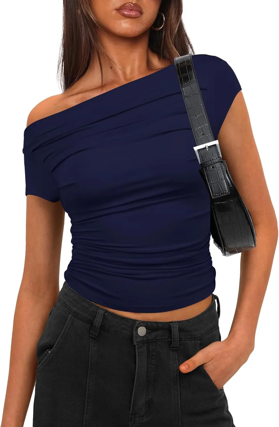 Darong Women's Summer Cap Sleeve Boat Neck Off Shoulder Top Going Out Slim Fit Tops Y2K Tight Shirts