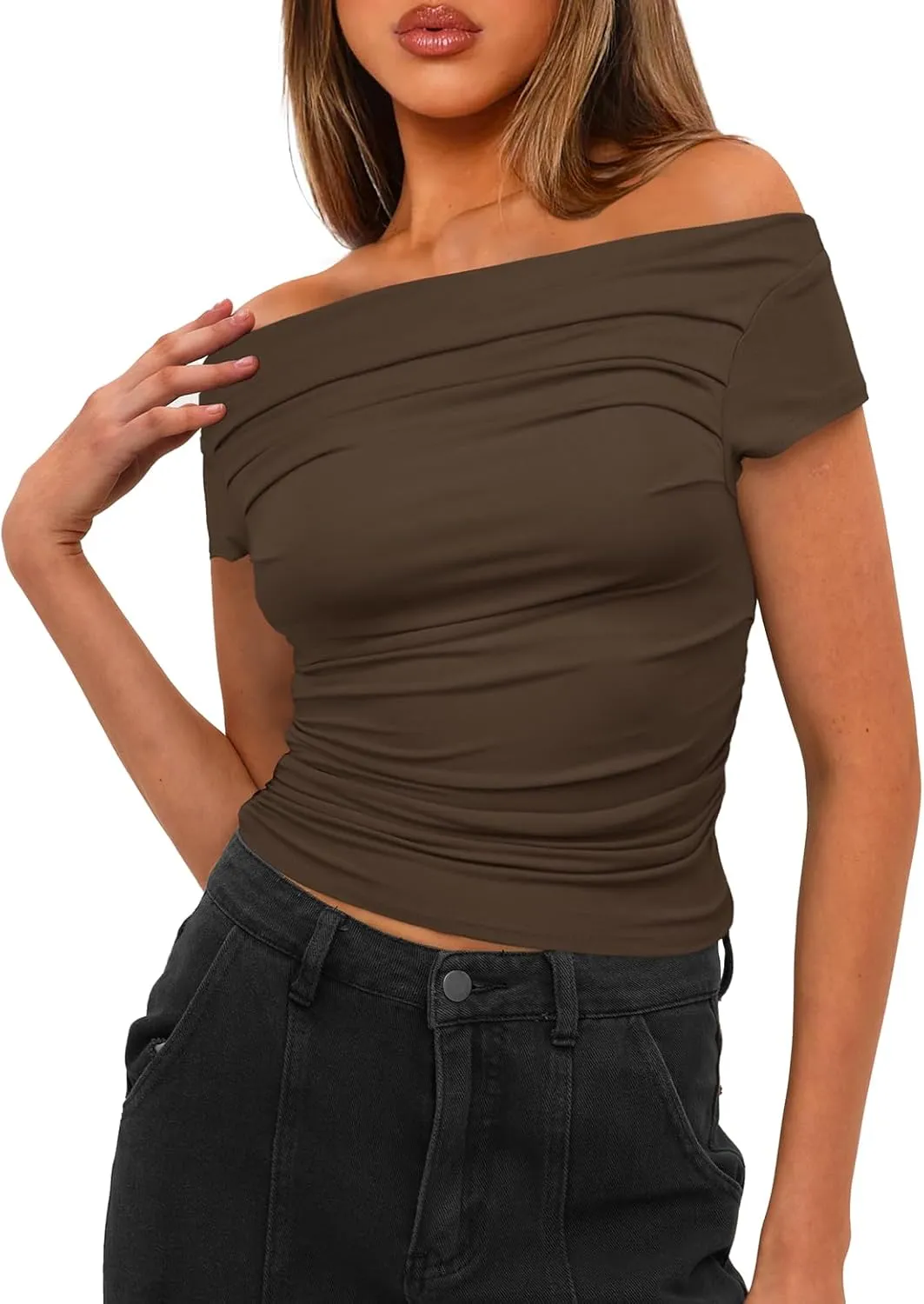 Darong Women's Summer Cap Sleeve Boat Neck Off Shoulder Top Going Out Slim Fit Tops Y2K Tight Shirts