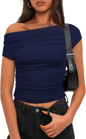 Darong Women's Summer Cap Sleeve Boat Neck Off Shoulder Top Going Out Slim Fit Tops Y2K Tight Shirts
