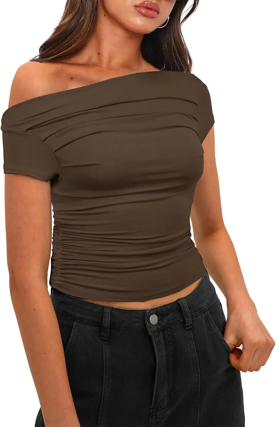 Darong Women's Summer Cap Sleeve Boat Neck Off Shoulder Top Going Out Slim Fit Tops Y2K Tight Shirts