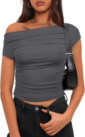 Darong Women's Summer Cap Sleeve Boat Neck Off Shoulder Top Going Out Slim Fit Tops Y2K Tight Shirts