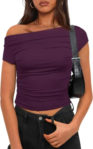 Darong Women's Summer Cap Sleeve Boat Neck Off Shoulder Top Going Out Slim Fit Tops Y2K Tight Shirts