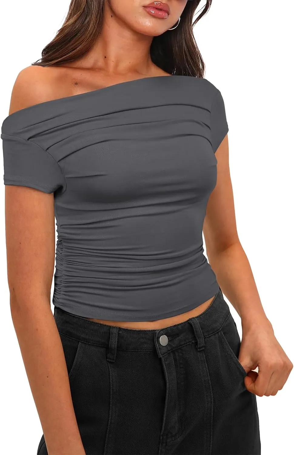 Darong Women's Summer Cap Sleeve Boat Neck Off Shoulder Top Going Out Slim Fit Tops Y2K Tight Shirts
