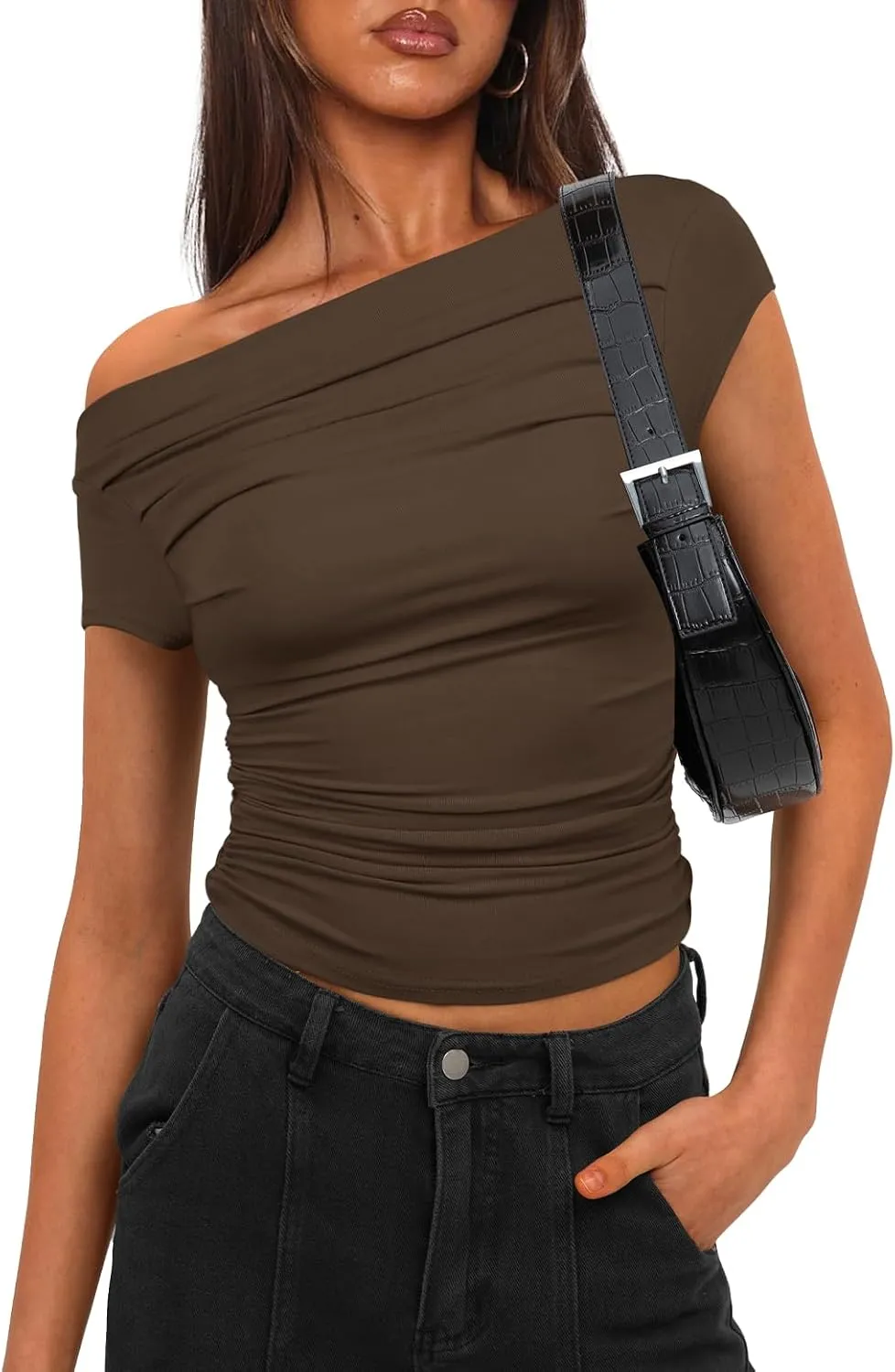 Darong Women's Summer Cap Sleeve Boat Neck Off Shoulder Top Going Out Slim Fit Tops Y2K Tight Shirts