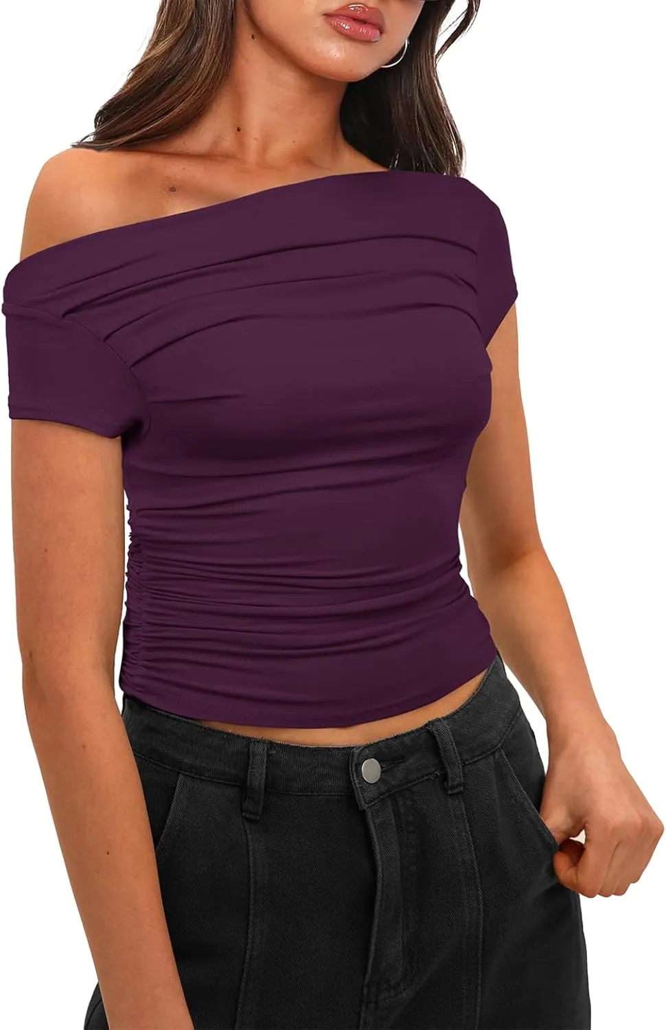 Darong Women's Summer Cap Sleeve Boat Neck Off Shoulder Top Going Out Slim Fit Tops Y2K Tight Shirts