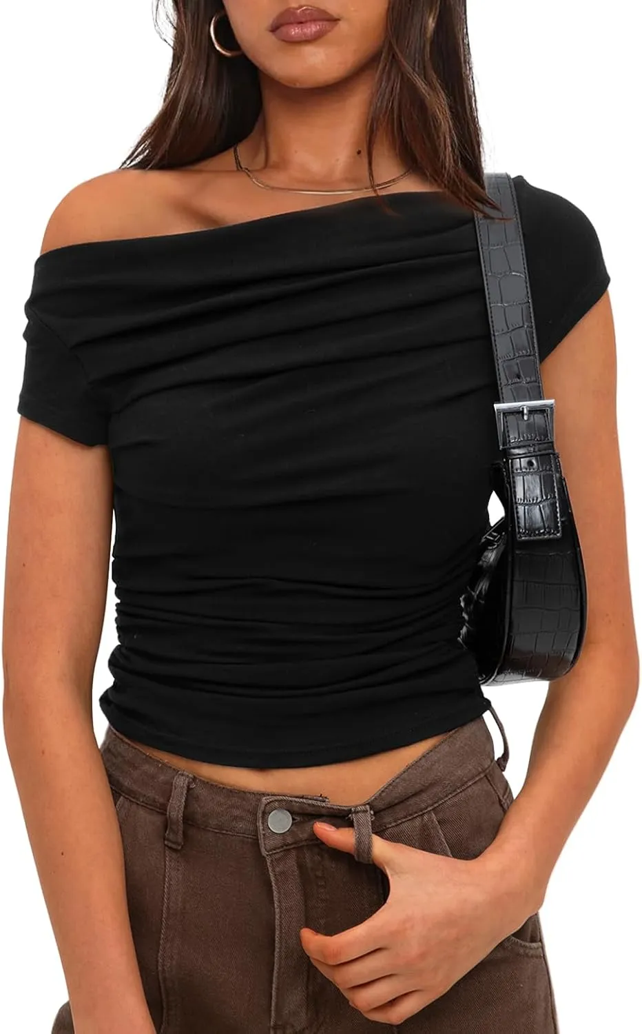 Darong Women's Summer Cap Sleeve Boat Neck Off Shoulder Top Going Out Slim Fit Tops Y2K Tight Shirts