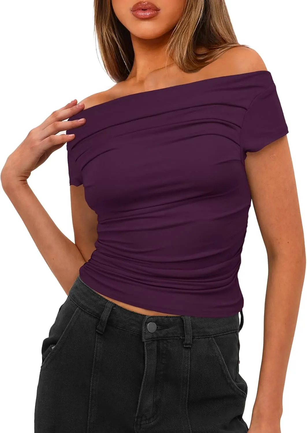 Darong Women's Summer Cap Sleeve Boat Neck Off Shoulder Top Going Out Slim Fit Tops Y2K Tight Shirts