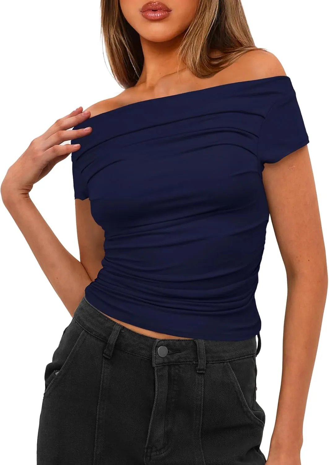 Darong Women's Summer Cap Sleeve Boat Neck Off Shoulder Top Going Out Slim Fit Tops Y2K Tight Shirts
