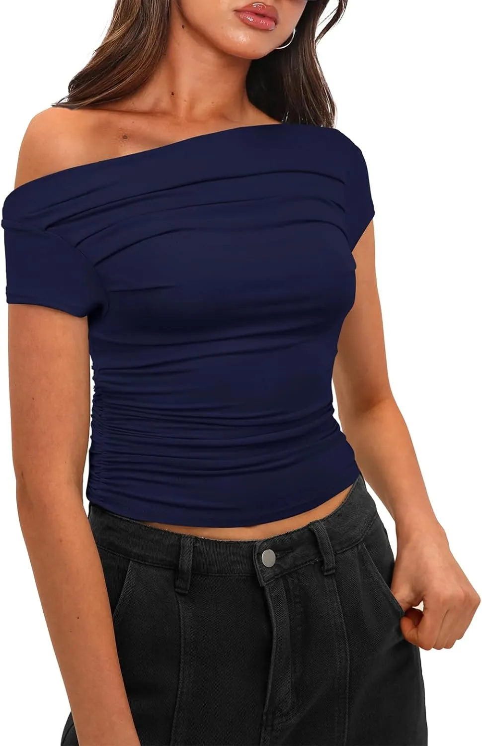 Darong Women's Summer Cap Sleeve Boat Neck Off Shoulder Top Going Out Slim Fit Tops Y2K Tight Shirts