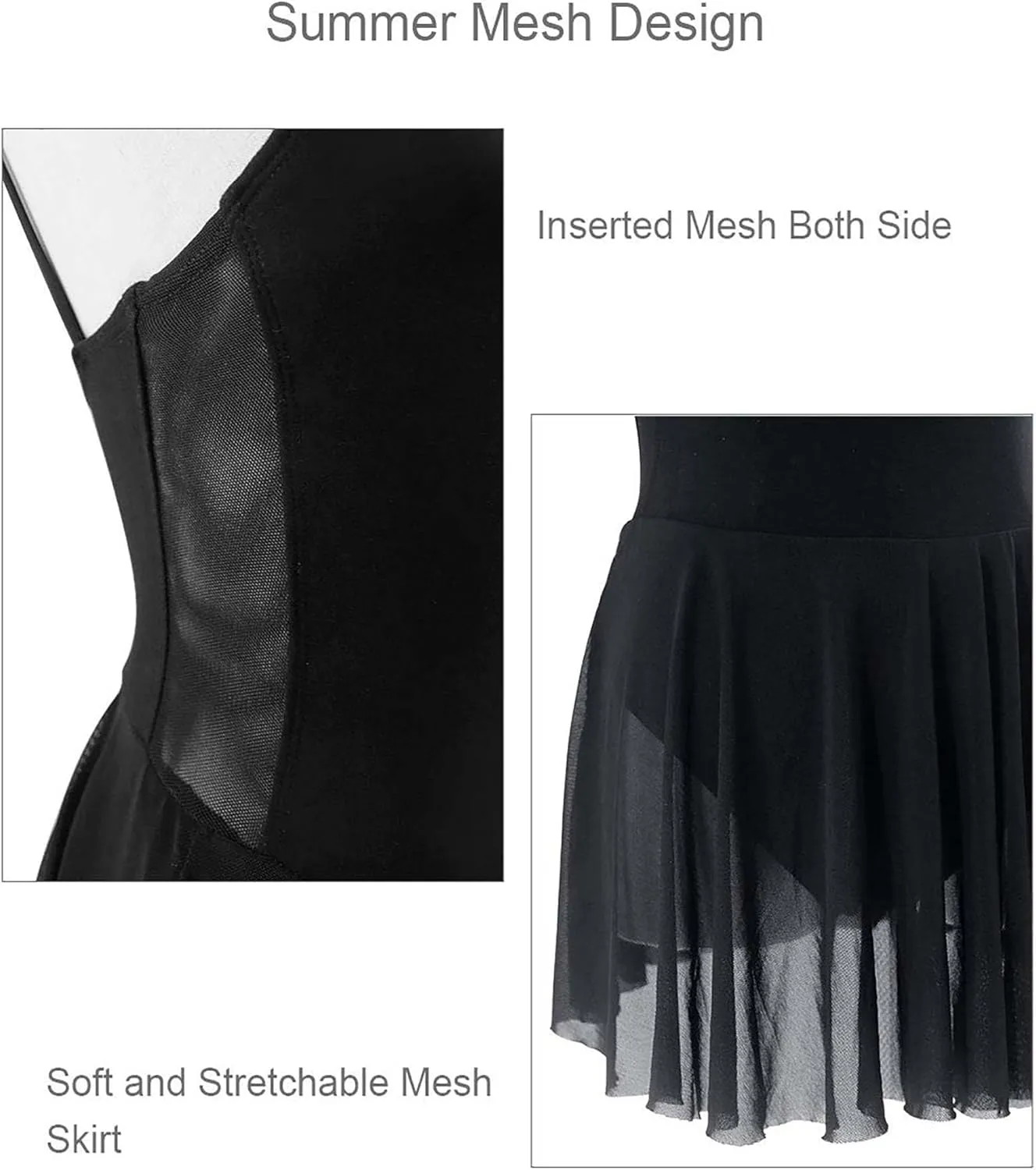 Daydance 3/4 Sleeve Black Leotards for Women, Skirted Ballet Dress Adult Dance Attire