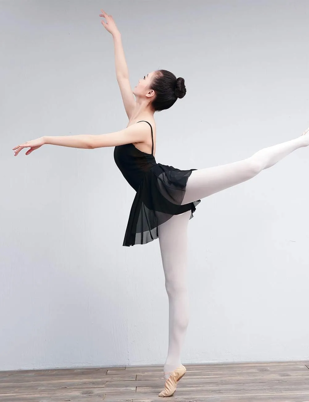 Daydance 3/4 Sleeve Black Leotards for Women, Skirted Ballet Dress Adult Dance Attire