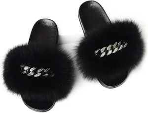 DAYISS Womens Real Fox Fur Slides Flip Flop Fluffy Slippers Fuzzy Sandals Furry Slide for Women