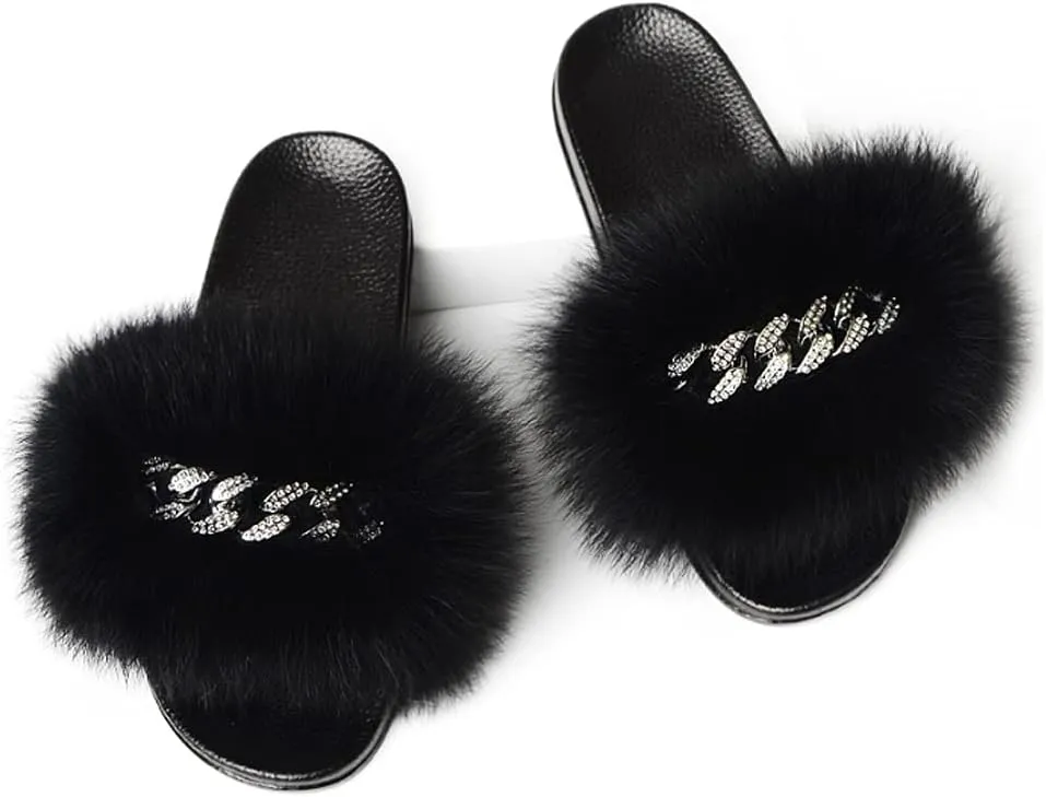 DAYISS Womens Real Fox Fur Slides Flip Flop Fluffy Slippers Fuzzy Sandals Furry Slide for Women