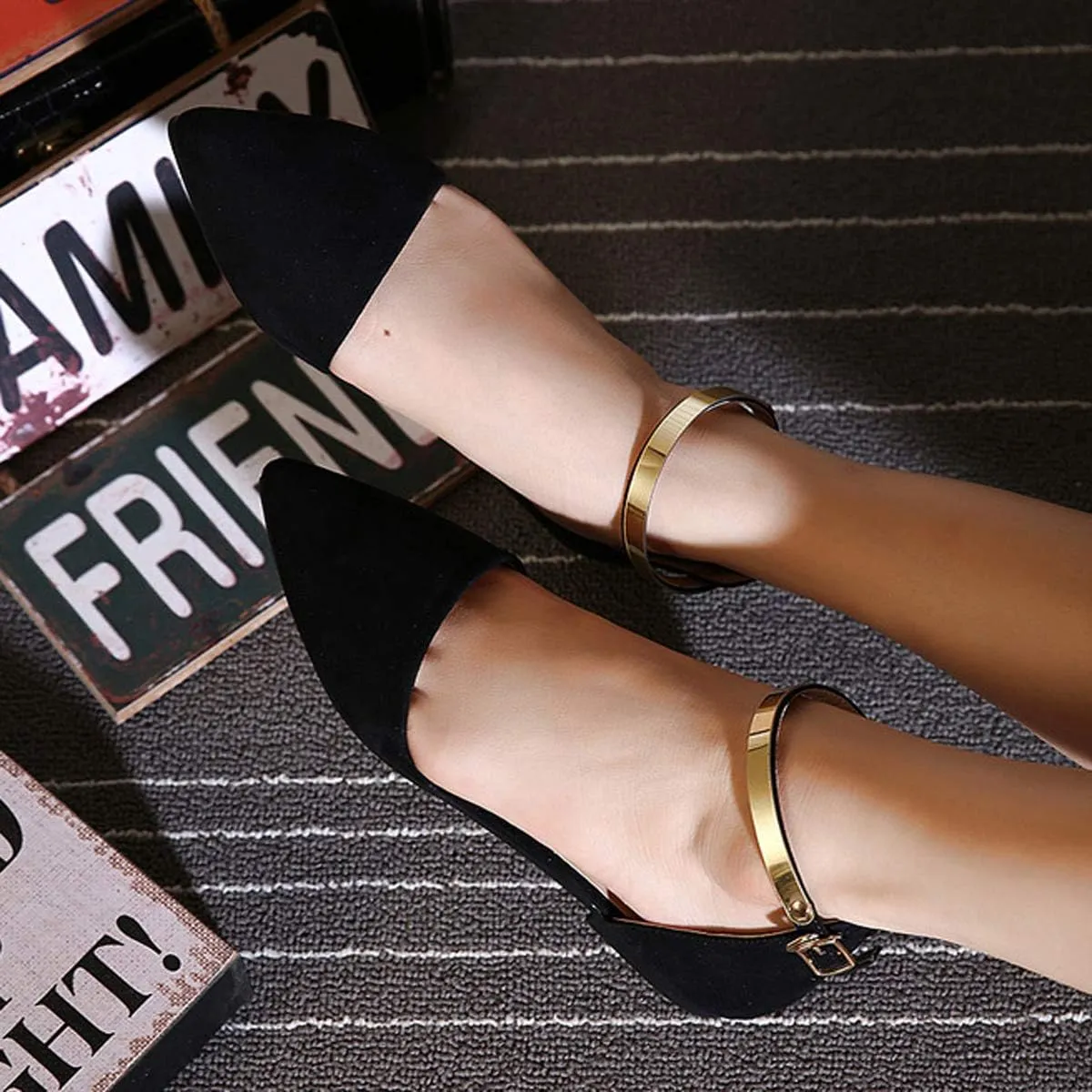 Dear Time Women Ankle Strap Flat Sandal Shoes Summer Pointy Toe Ballet Flats