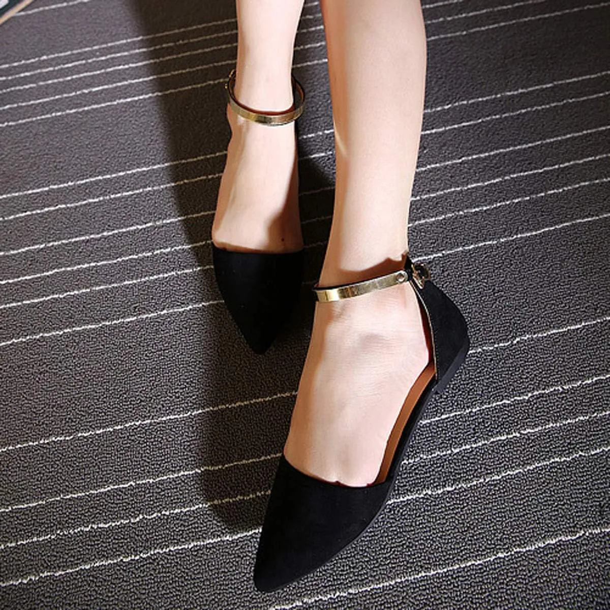 Dear Time Women Ankle Strap Flat Sandal Shoes Summer Pointy Toe Ballet Flats
