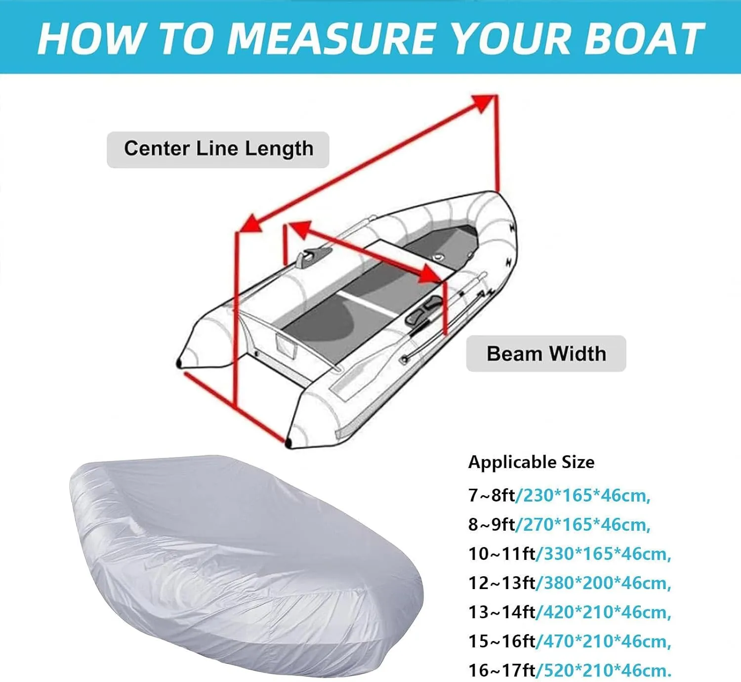 Dinghy Boat Cover 7 Sizes Dinghy Cover UV Resistant Boat Tarp for Inflatable Boat and Dinghy,330 * 165 * 46cm
