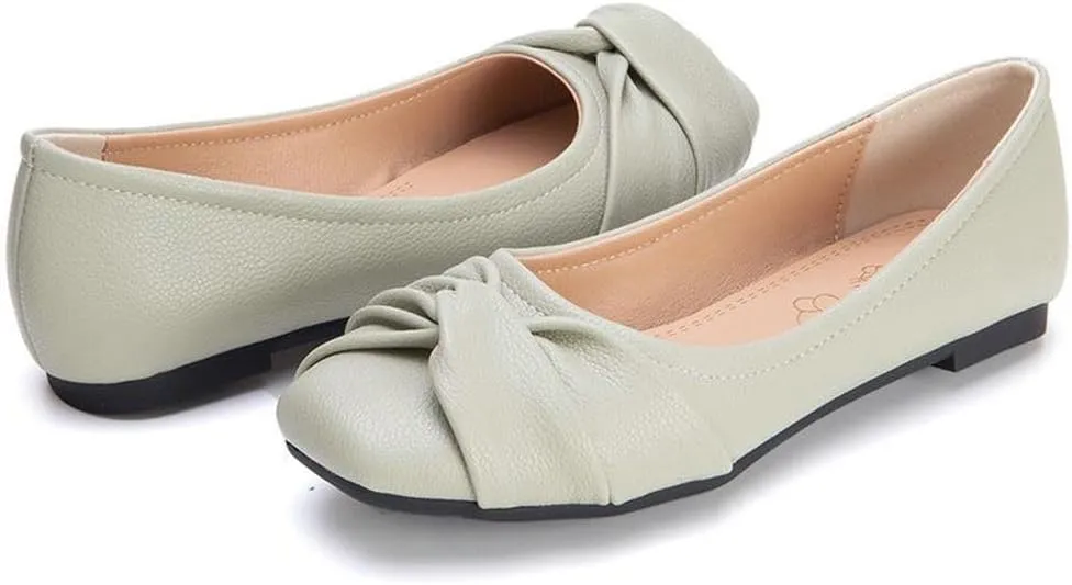 DINTAHA Womens Ballet Flat with Bow,Womens Square Toe Flats,Casual Slip On Work Flat Ballerina Shoes