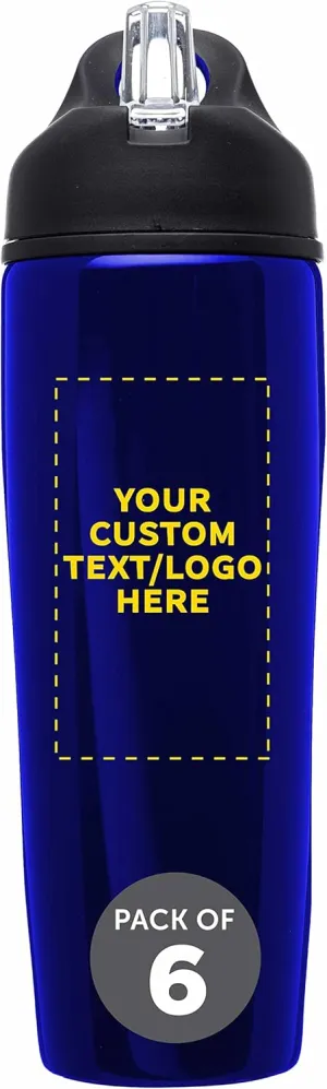 DISCOUNT PROMOS Custom Stainless Steel Water Bottle, 6 pack, Personalized Text, Logo -28.5 oz Metal Sports Bottles with Flip Top, Easy Carrying, Blue