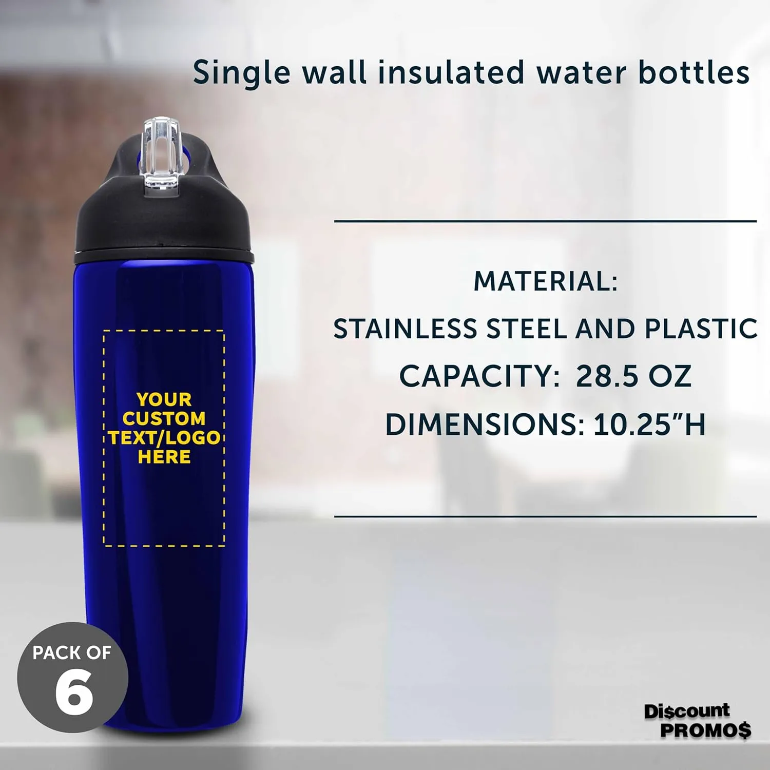 DISCOUNT PROMOS Custom Stainless Steel Water Bottle, 6 pack, Personalized Text, Logo -28.5 oz Metal Sports Bottles with Flip Top, Easy Carrying, Blue