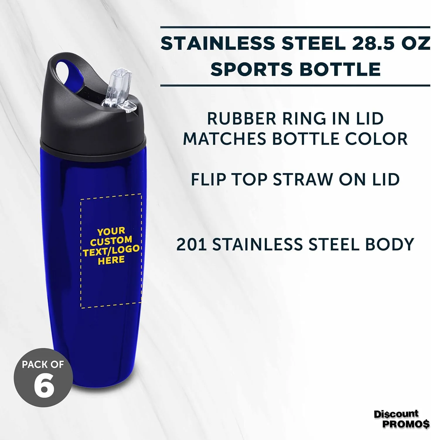 DISCOUNT PROMOS Custom Stainless Steel Water Bottle, 6 pack, Personalized Text, Logo -28.5 oz Metal Sports Bottles with Flip Top, Easy Carrying, Blue
