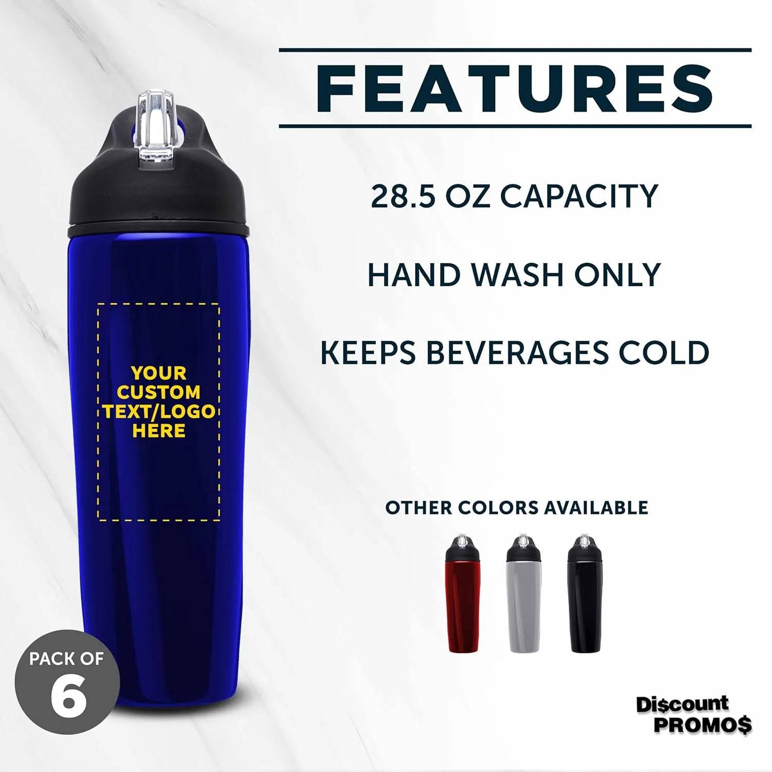 DISCOUNT PROMOS Custom Stainless Steel Water Bottle, 6 pack, Personalized Text, Logo -28.5 oz Metal Sports Bottles with Flip Top, Easy Carrying, Blue