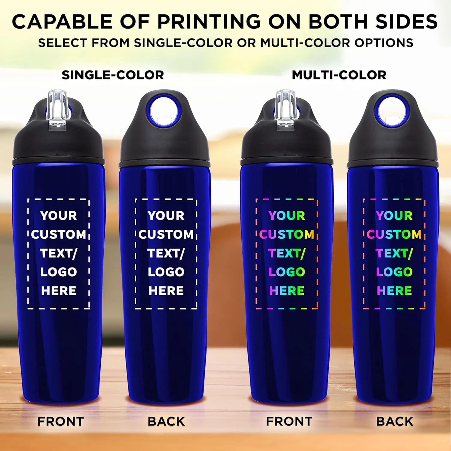 DISCOUNT PROMOS Custom Stainless Steel Water Bottle, 6 pack, Personalized Text, Logo -28.5 oz Metal Sports Bottles with Flip Top, Easy Carrying, Blue