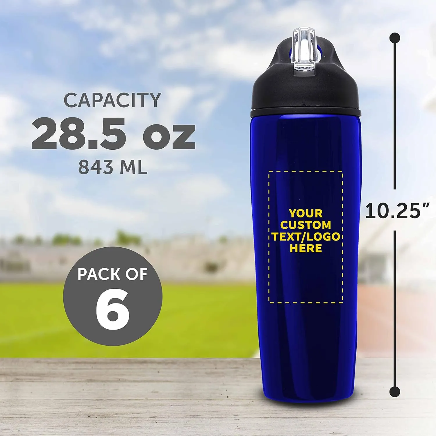 DISCOUNT PROMOS Custom Stainless Steel Water Bottle, 6 pack, Personalized Text, Logo -28.5 oz Metal Sports Bottles with Flip Top, Easy Carrying, Blue
