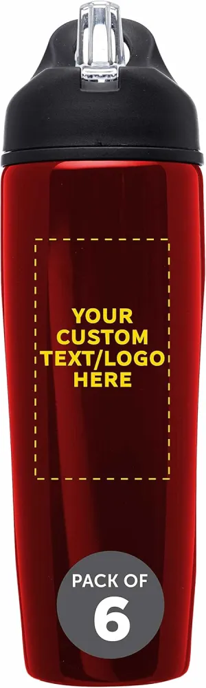 DISCOUNT PROMOS Custom Stainless Steel Water Bottle, 6 pack, Personalized Text, Logo, 28.5 oz Metal Sports Bottles with Flip Top, Easy Carrying, Red