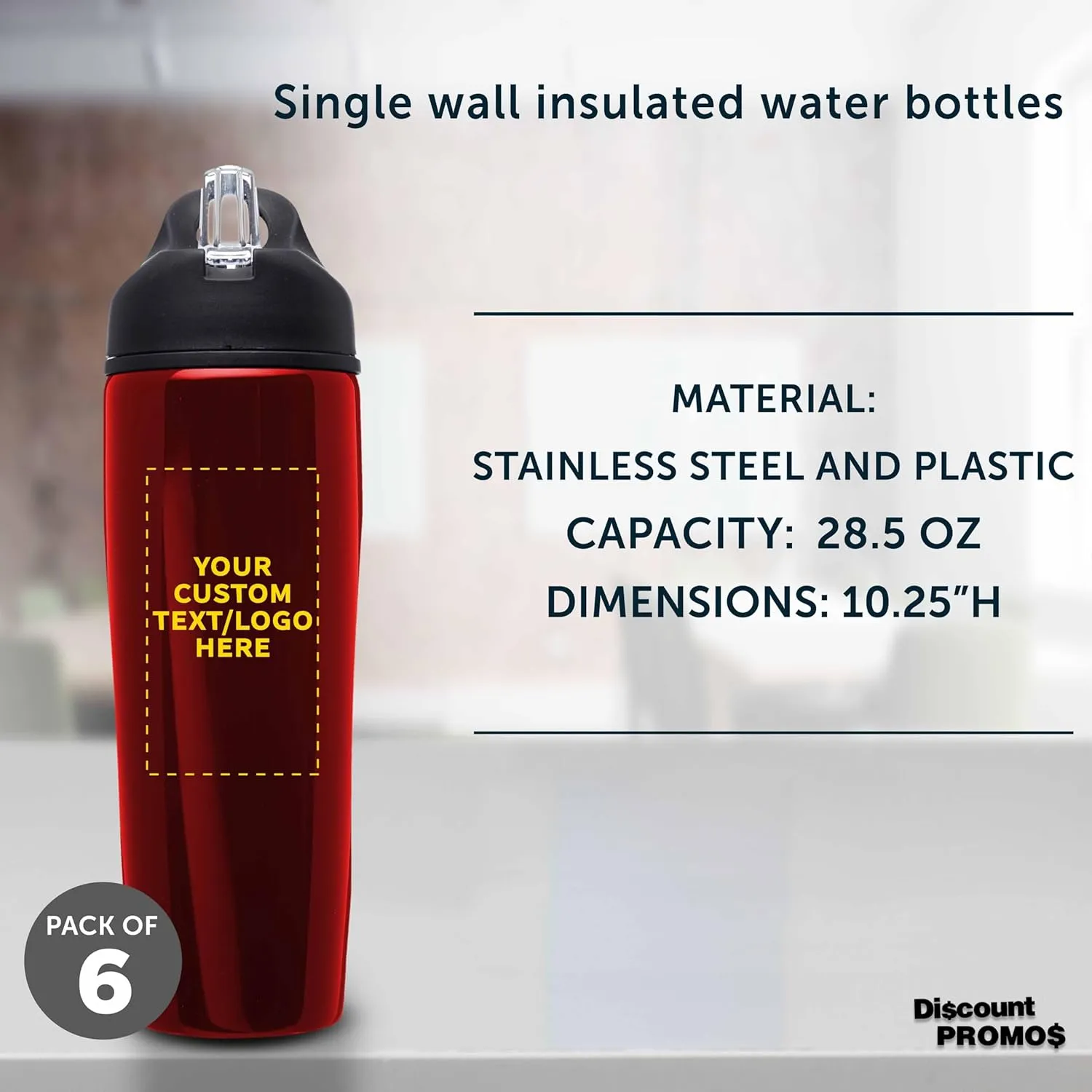 DISCOUNT PROMOS Custom Stainless Steel Water Bottle, 6 pack, Personalized Text, Logo, 28.5 oz Metal Sports Bottles with Flip Top, Easy Carrying, Red